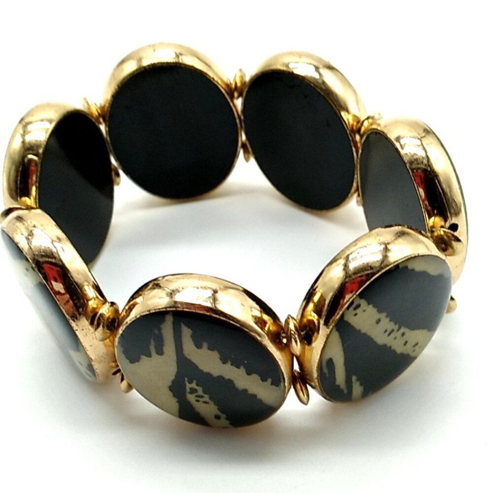 Large Wide Stretch Bracelet Mixed Black & Cream & Gold-tone Medallions